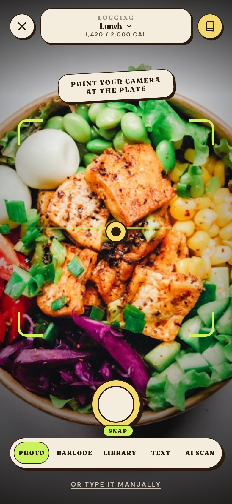 AI meal-scan camera viewfinder